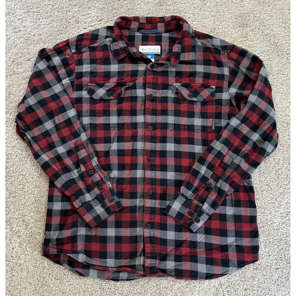 Columbia Mens Medium Long Sleeve Button Up Plaid Shirt Omni-Wick Red Black